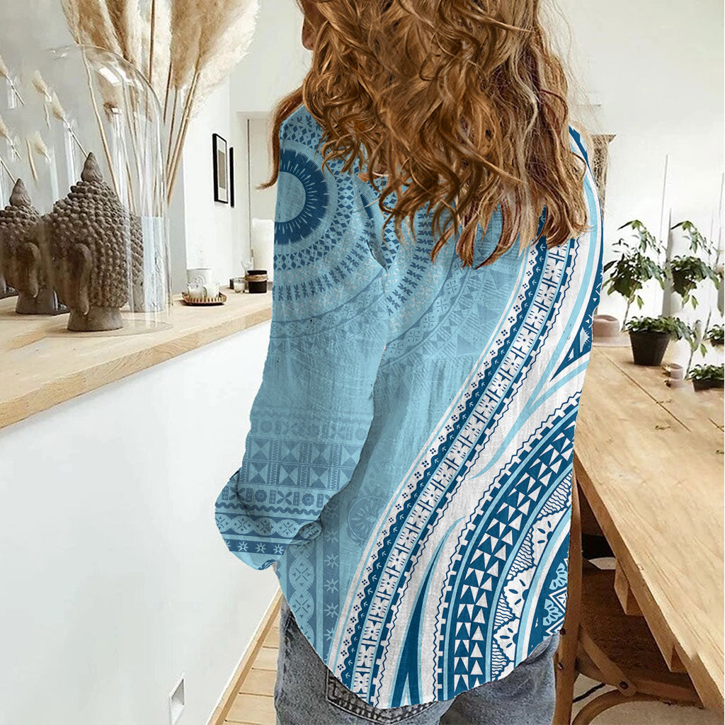 Bula Fiji Vintage Tapa Women Casual Shirt Kaivity Masi Wave Motifs - Turquoise LT7 - Polynesian Pride