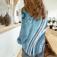 Bula Fiji Vintage Tapa Women Casual Shirt Kaivity Masi Wave Motifs - Turquoise LT7 - Polynesian Pride