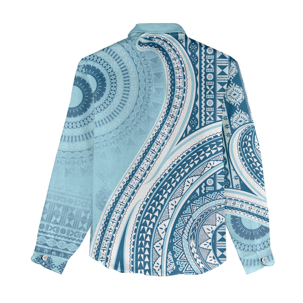 Bula Fiji Vintage Tapa Women Casual Shirt Kaivity Masi Wave Motifs - Turquoise LT7 - Polynesian Pride