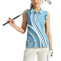Bula Fiji Vintage Tapa Women Sleeveless Polo Shirt Kaivity Masi Wave Motifs - Turquoise