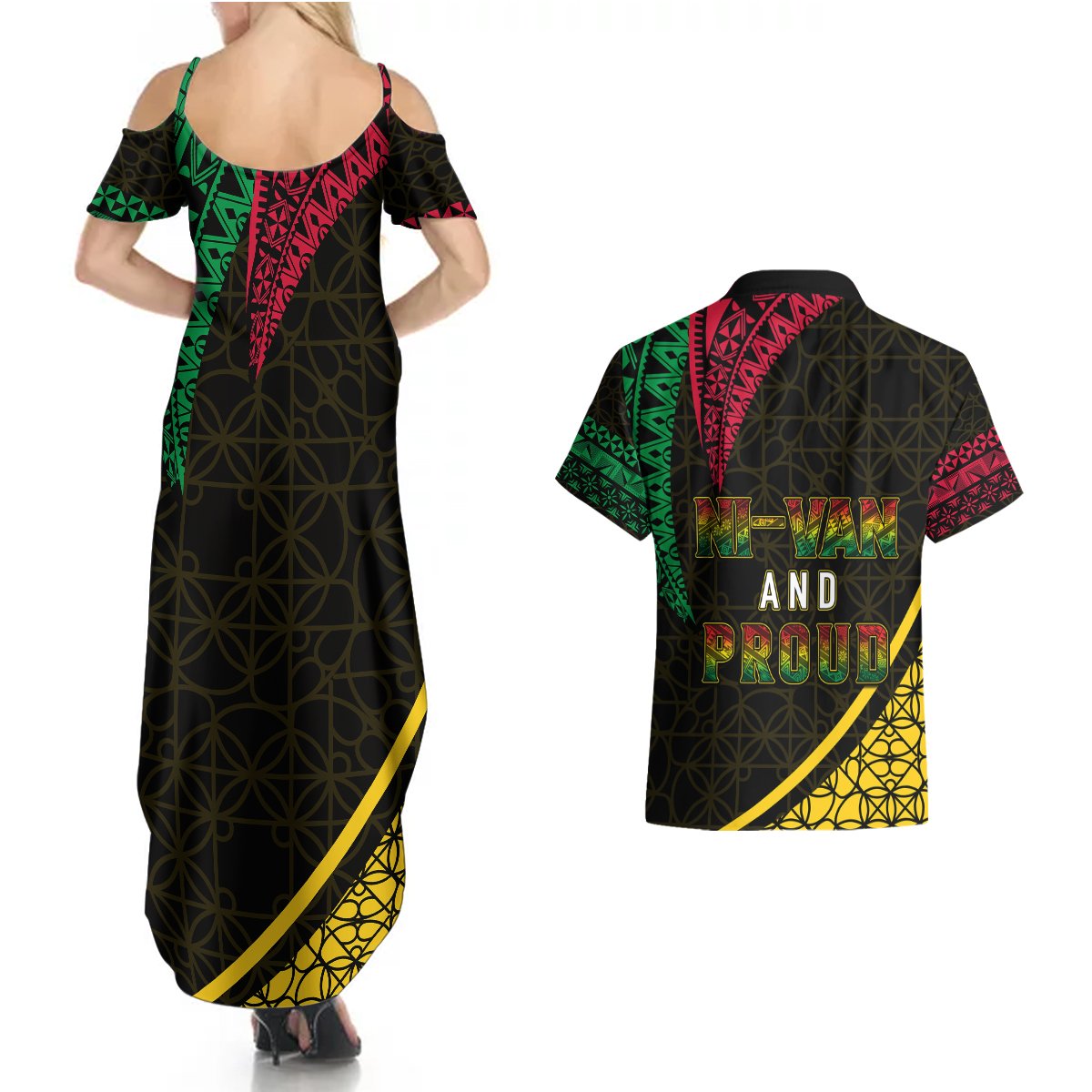 Personalised Vanuatu Couples Matching Summer Maxi Dress and Hawaiian Shirt Melanesian Sand Drawing Mixed - Ni Van and Proud LT7 - Polynesian Pride