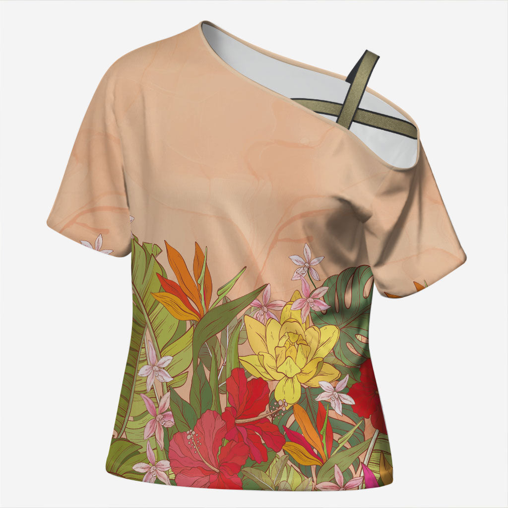 Mahalo Hawaii - Ka Pule a ka Haku Cross Shoulder Shirt Tropical Flowers LT7 Female Coral Pink - Polynesian Pride