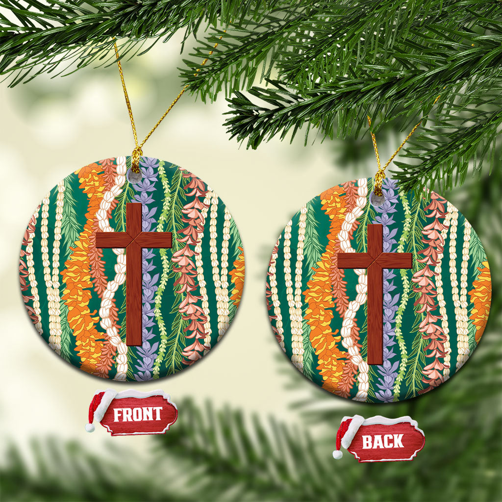 Mahalo Hawaii - Ka Pule a ka Haku Ceramic Ornament Mixed Lei LT7 Circle Sage Green - Polynesian Pride