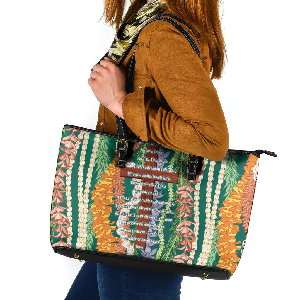 Mahalo Hawaii - ⁠Ka Pule a ka Haku Leather Tote Bag Mixed Lei