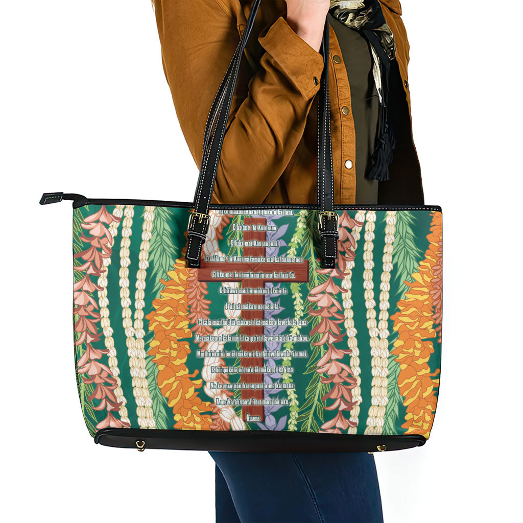 Mahalo Hawaii - Ka Pule a ka Haku Leather Tote Bag Mixed Lei LT7 - Polynesian Pride