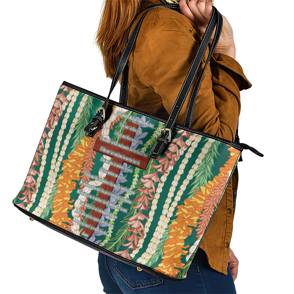 Mahalo Hawaii - Ka Pule a ka Haku Leather Tote Bag Mixed Lei LT7 - Polynesian Pride