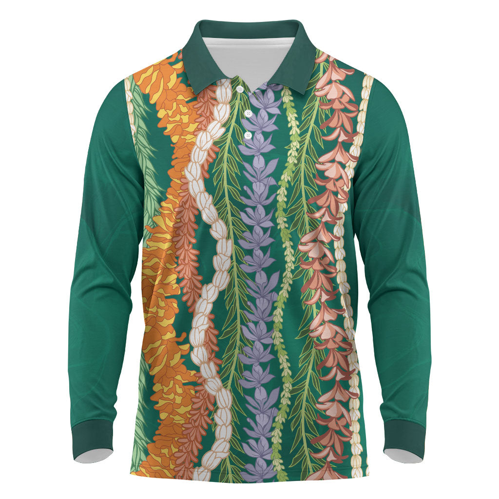 Mahalo Hawaii - Ka Pule a ka Haku Long Sleeve Polo Shirt Mixed Lei LT7 Sage Green - Polynesian Pride