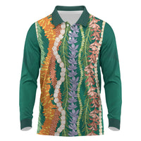 Mahalo Hawaii - Ka Pule a ka Haku Long Sleeve Polo Shirt Mixed Lei LT7 Sage Green - Polynesian Pride
