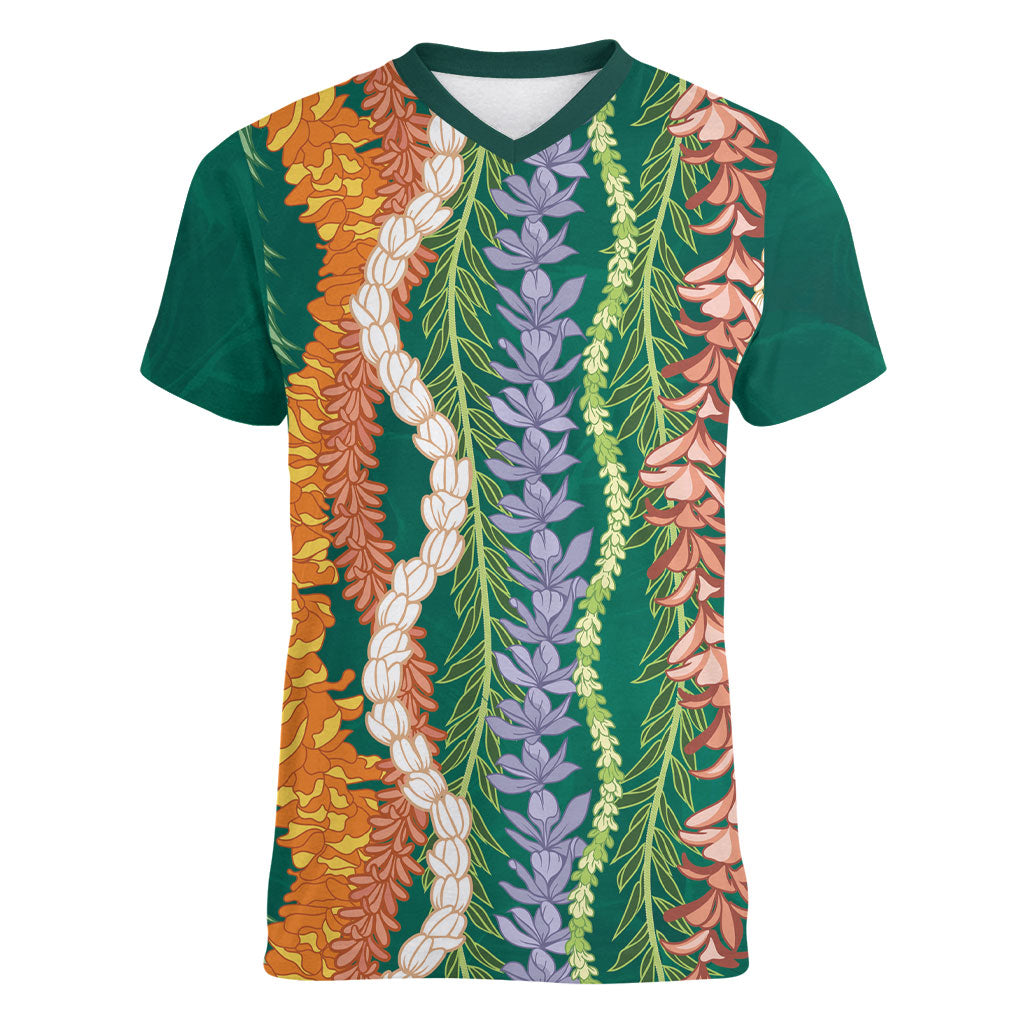 Mahalo Hawaii - Ka Pule a ka Haku Women V-Neck T-Shirt Mixed Lei LT7 Female Sage Green - Polynesian Pride