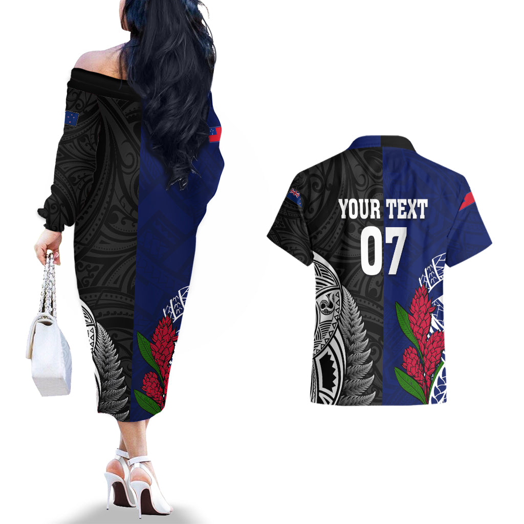 Personalised New Zealand Vs Samoa Rugby Couples Matching Off The Shoulder Long Sleeve Dress and Hawaiian Shirt Go Champions LT7 - Polynesian Pride