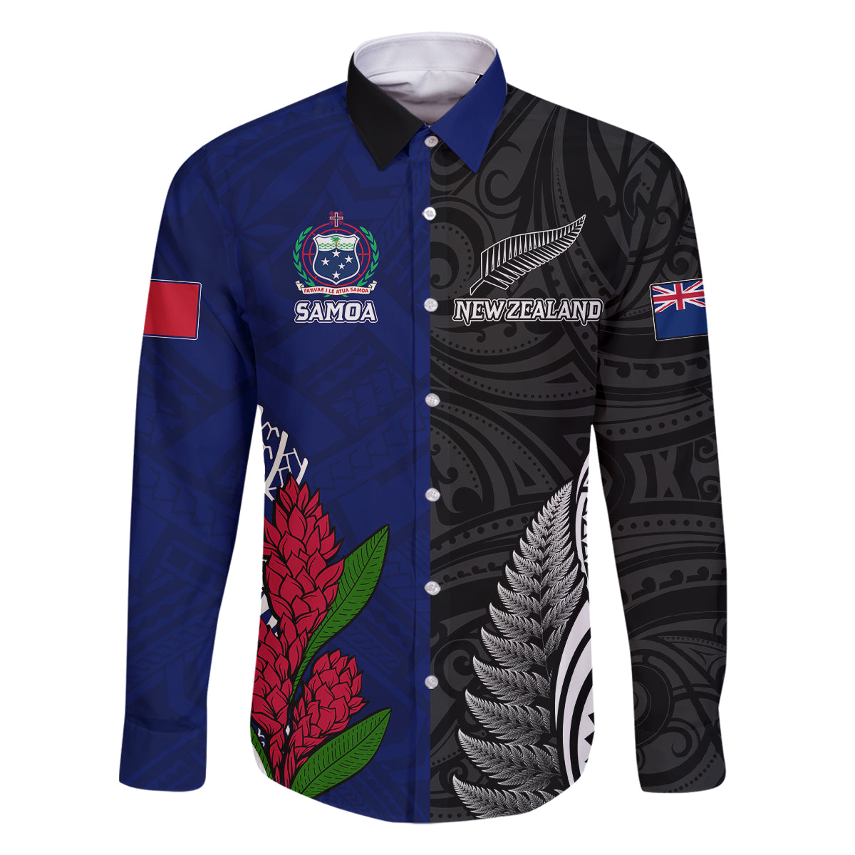 Personalised New Zealand Vs Samoa Rugby Family Matching Off Shoulder Long Sleeve Dress and Hawaiian Shirt Go Champions LT7 Dad's Shirt - Long Sleeve Black Blue - Polynesian Pride