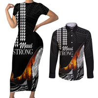 Hawaii Humpback Whale Couples Matching Short Sleeve Bodycon Dress and Long Sleeve Button Shirts Be Strong - Pray For Maui LT7 Black - Polynesian Pride