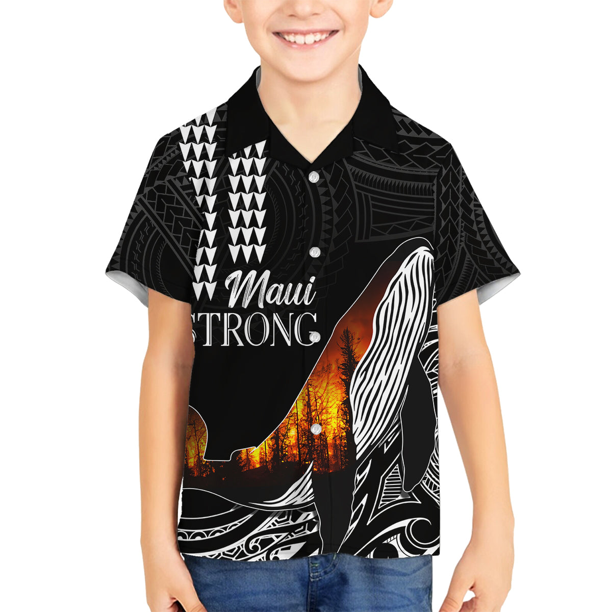 Hawaii Humpback Whale Family Matching Off Shoulder Long Sleeve Dress and Hawaiian Shirt Be Strong - Pray For Maui LT7 Son's Shirt Black - Polynesian Pride