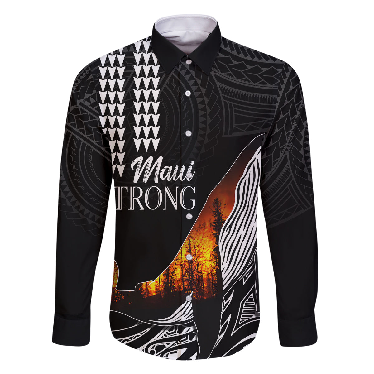 Hawaii Humpback Whale Family Matching Off Shoulder Maxi Dress and Hawaiian Shirt Be Strong - Pray For Maui LT7 Dad's Shirt - Long Sleeve Black - Polynesian Pride