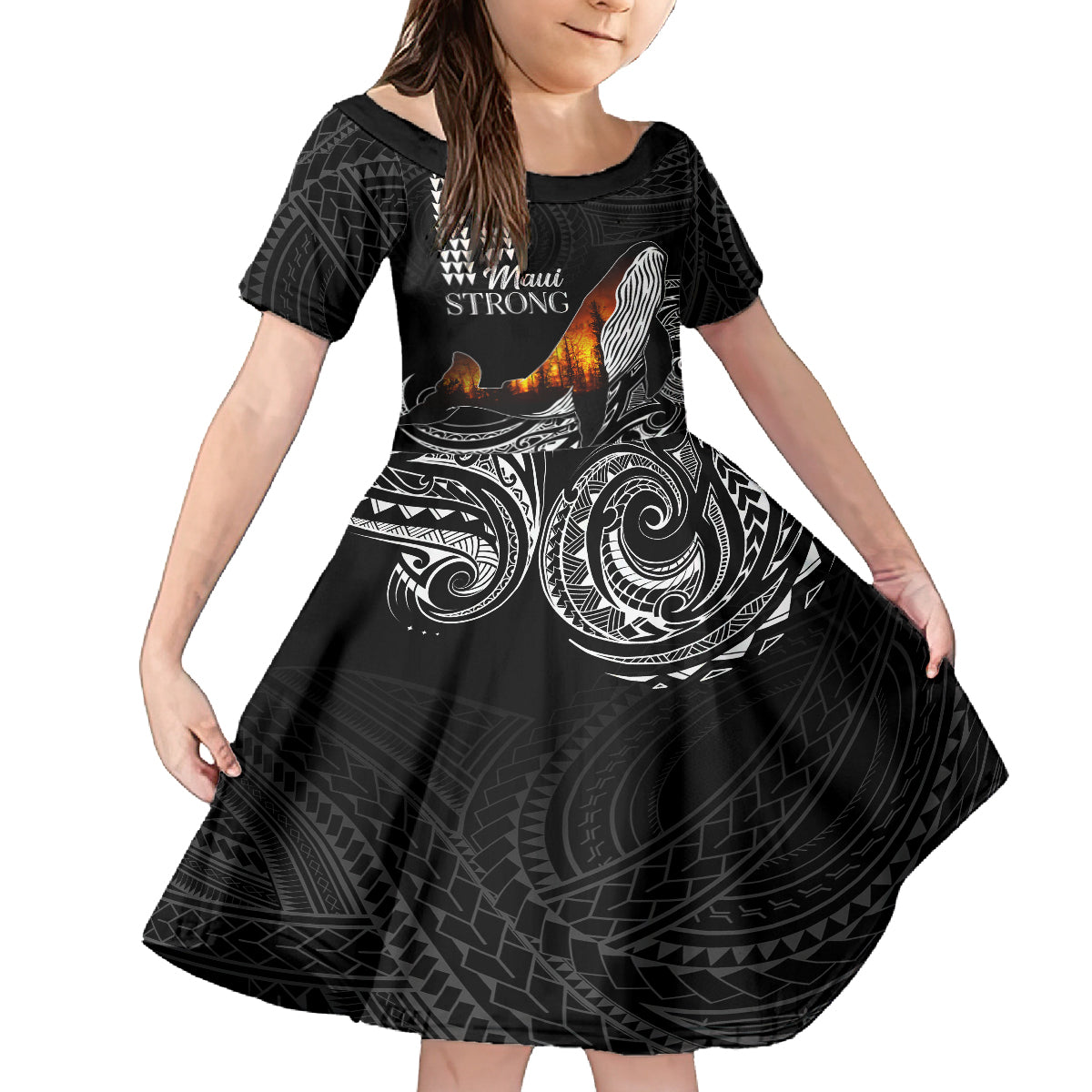 Hawaii Humpback Whale Kid Short Sleeve Dress Be Strong - Pray For Maui LT7 KID Black - Polynesian Pride