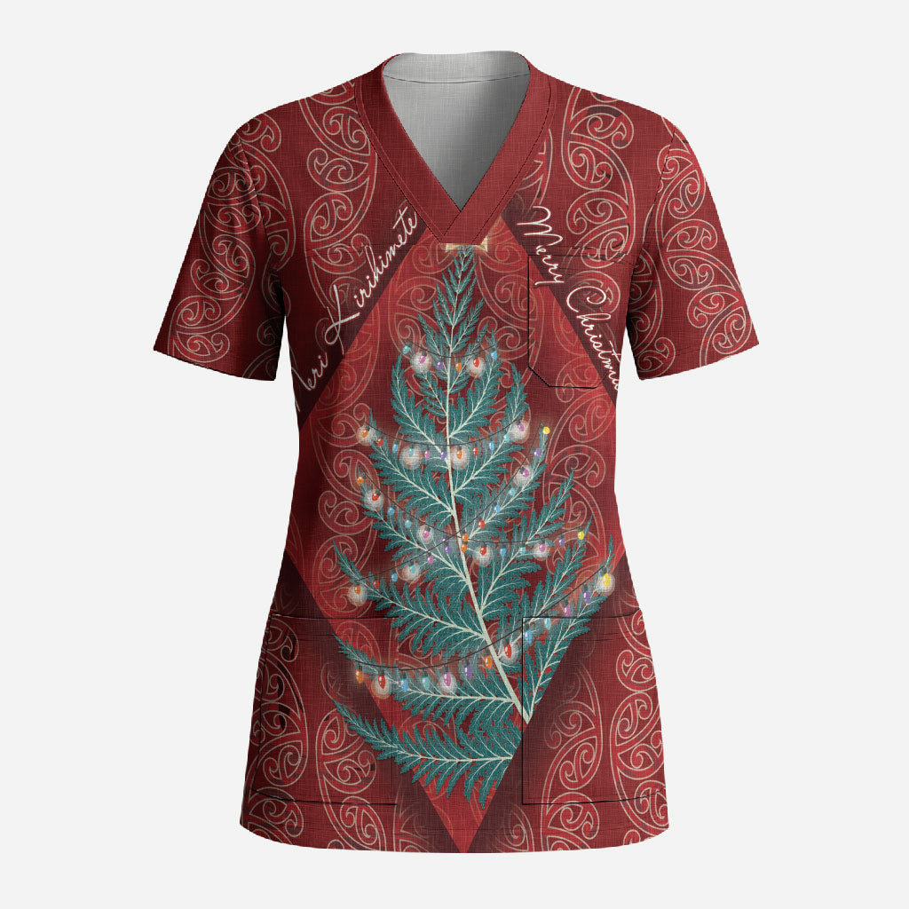 Aotearoa Maori Mangopare Meri Kirihimete Scrub Top Christmas Fern LT7 Adult Red - Polynesian Pride