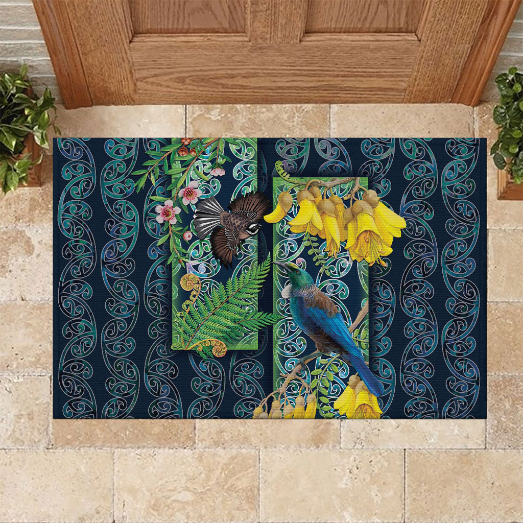 Aotearoa Maori Mangopare Christmas Rubber Doormat Pikawakawa and Tui LT7 Dark Blue - Polynesian Pride