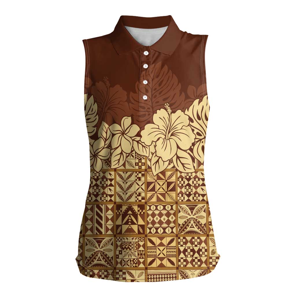 Niue Hiapo Motif Women Sleeveless Polo Shirt Tapa Classic LT7 Female Beige - Polynesian Pride