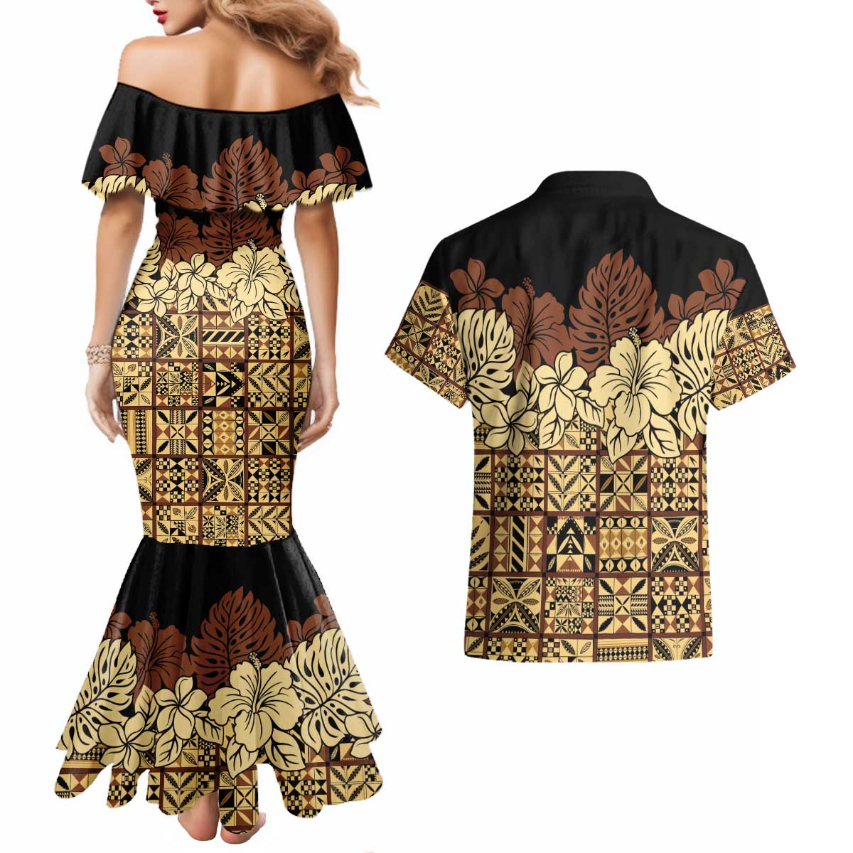Niue Hiapo Motif Couples Matching Mermaid Dress and Hawaiian Shirt Tapa Classic - Black Ver