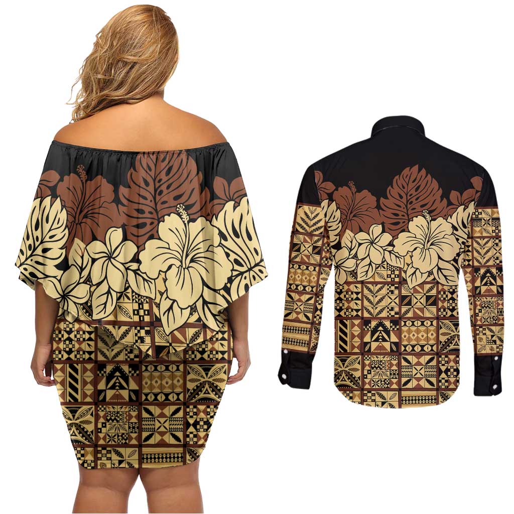 Niue Hiapo Motif Couples Matching Off Shoulder Short Dress and Long Sleeve Button Shirt Tapa Classic - Black Ver
