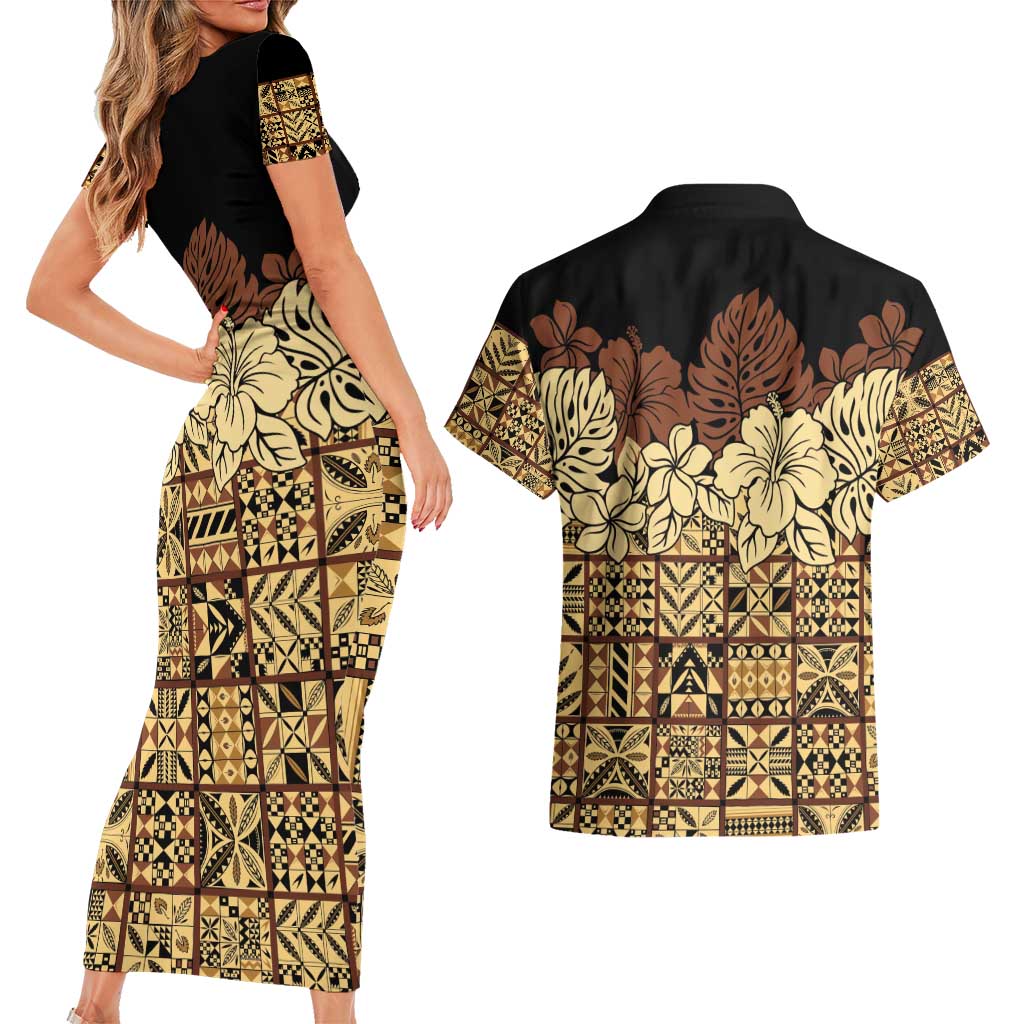 Niue Hiapo Motif Couples Matching Short Sleeve Bodycon Dress and Hawaiian Shirt Tapa Classic - Black Ver