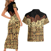 Niue Hiapo Motif Couples Matching Short Sleeve Bodycon Dress and Hawaiian Shirt Tapa Classic - Black Ver