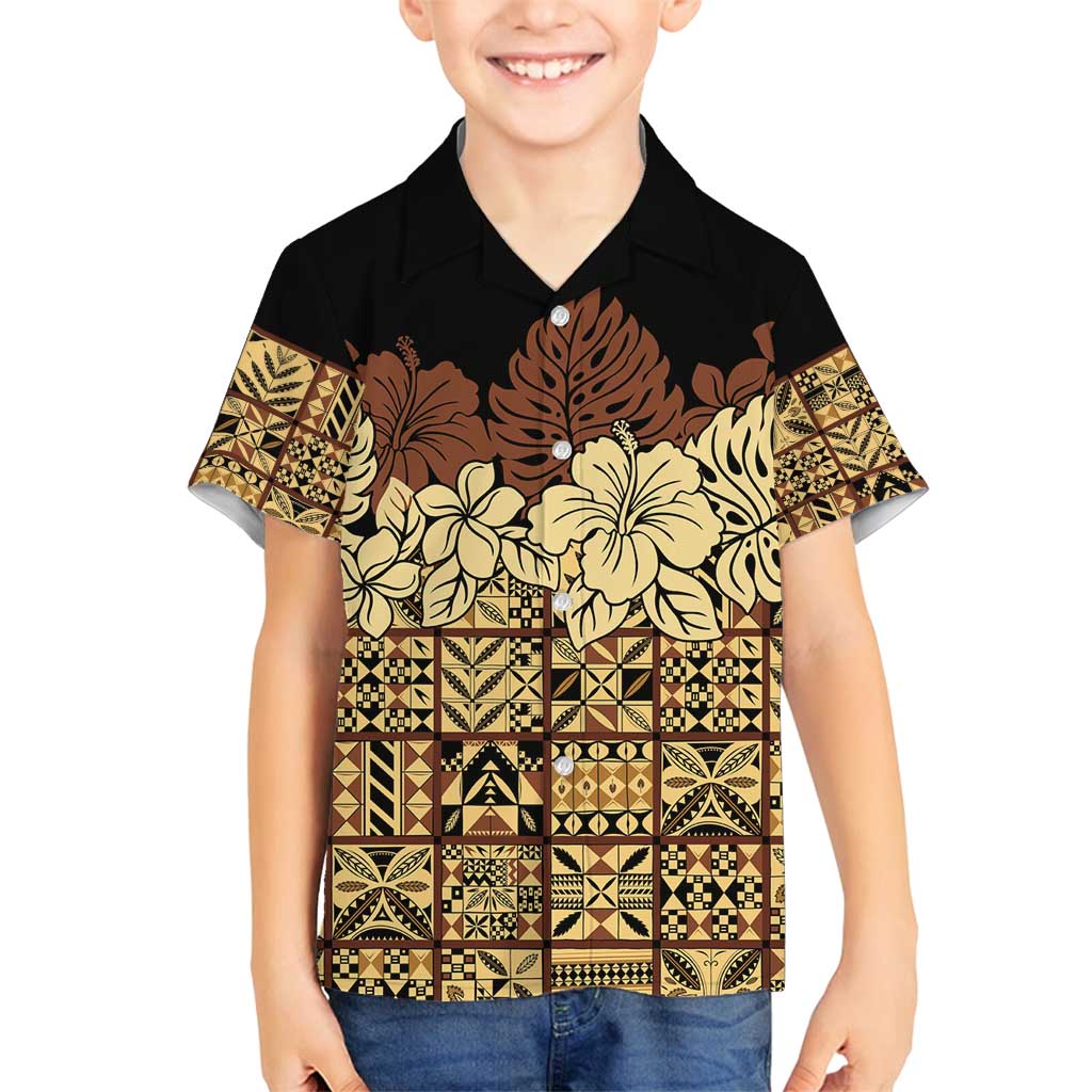 Niue Hiapo Motif Family Matching Puletasi and Hawaiian Shirt Tapa Classic - Black Ver