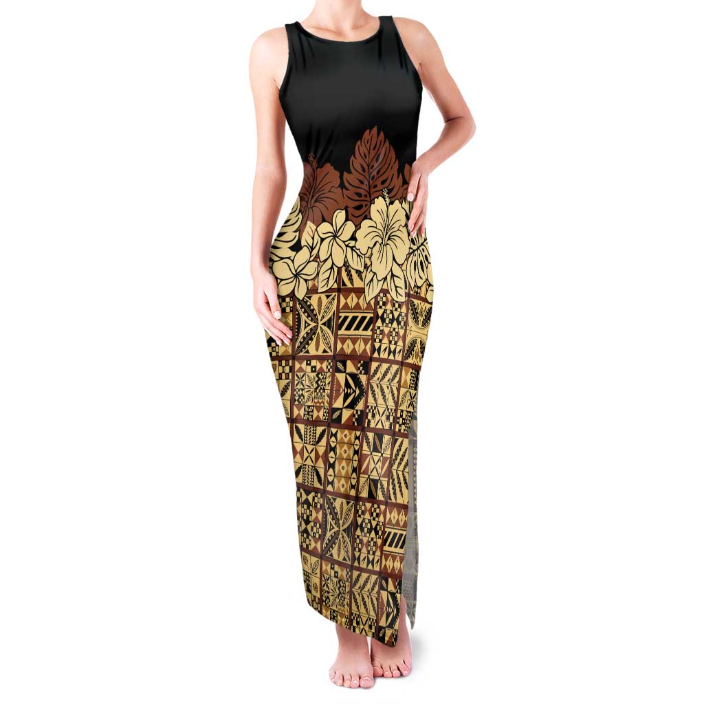 Niue Hiapo Motif Family Matching Tank Maxi Dress and Hawaiian Shirt Tapa Classic - Black Ver