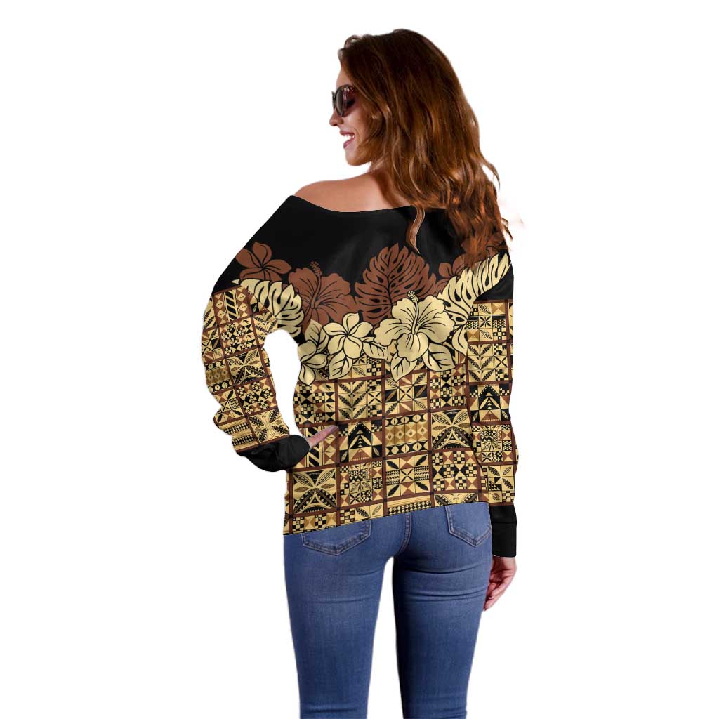 Niue Hiapo Motif Off Shoulder Sweater Tapa Classic - Black Ver