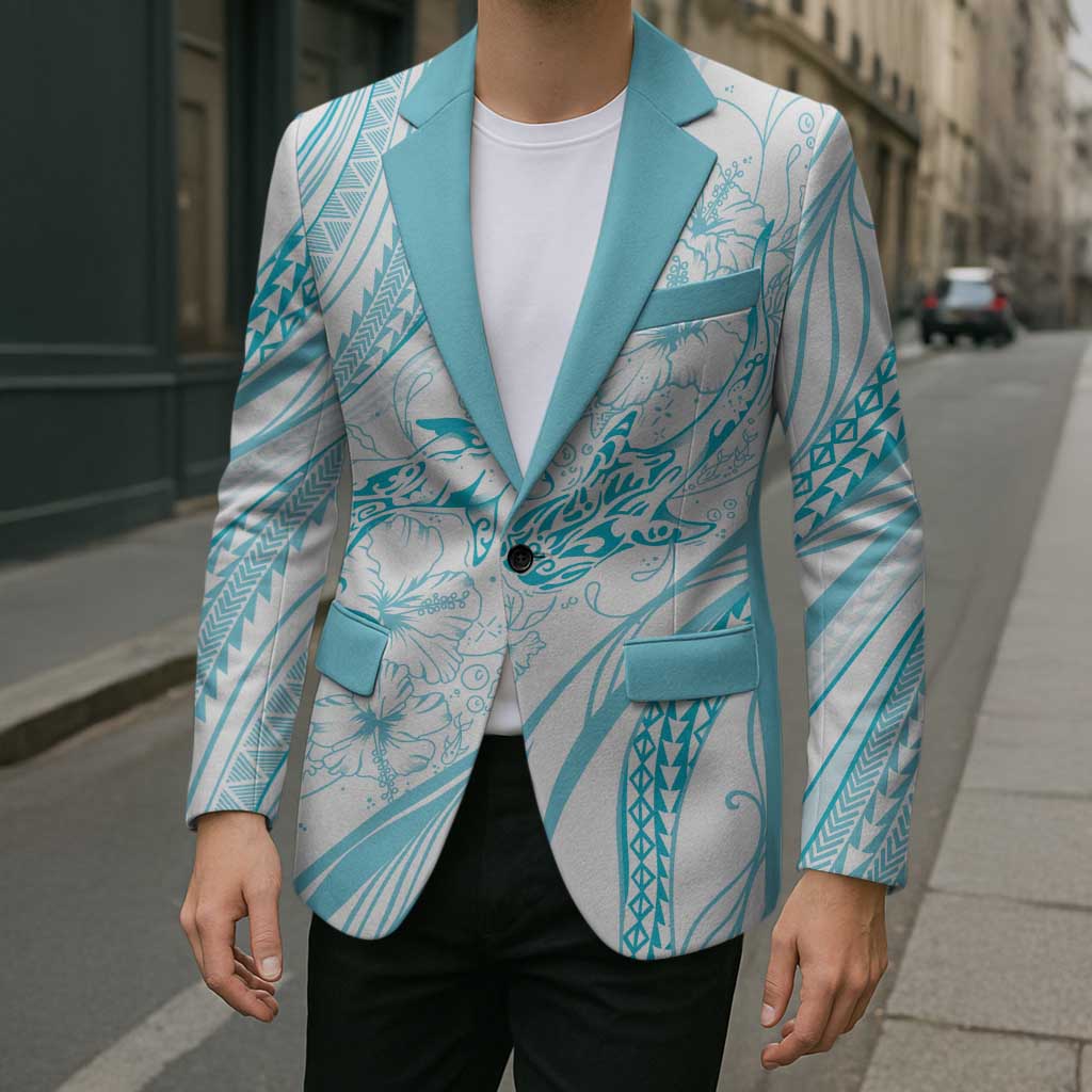 Sharks Couple Dreamy Polynesians Floral Sea Blazer Turquoise - Polynesian Pride