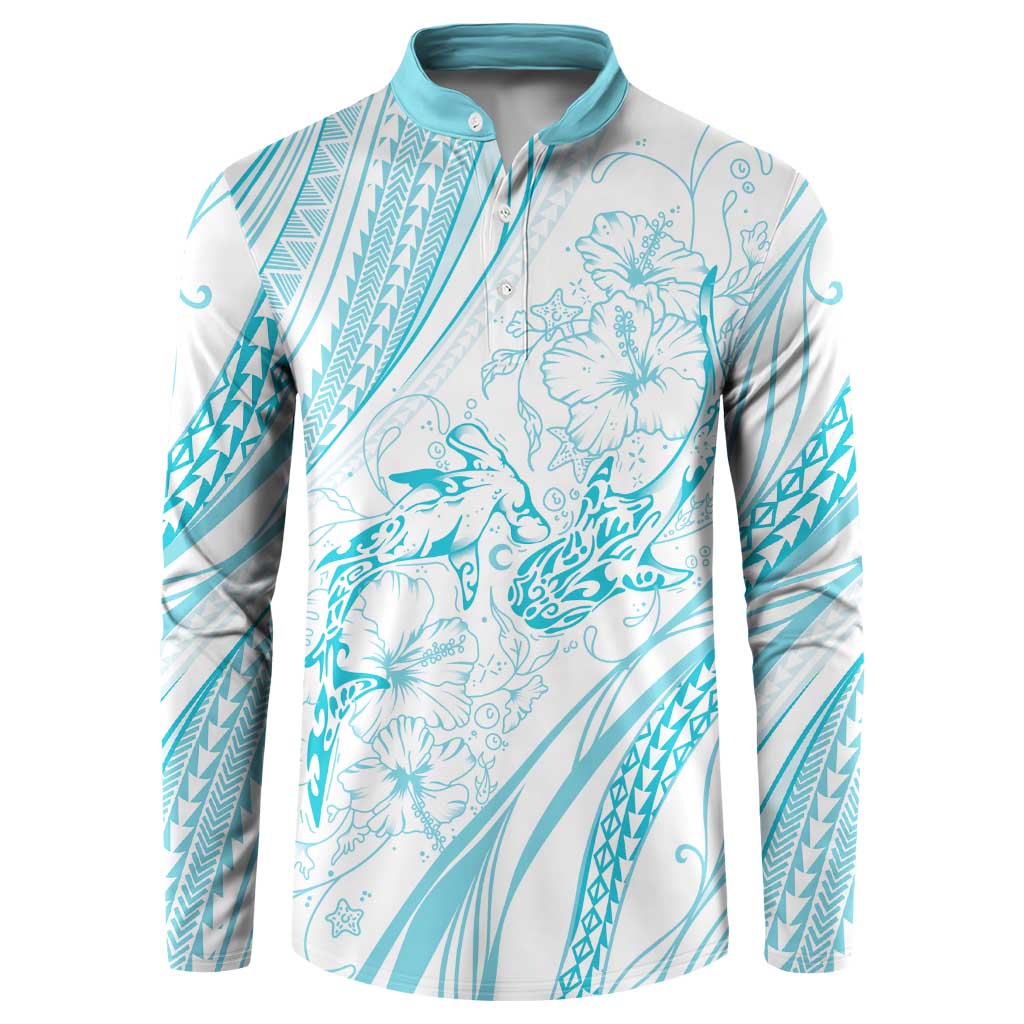 Sharks Couple Dreamy Polynesians Floral Sea Button Sweatshirt Turquoise - Polynesian Pride