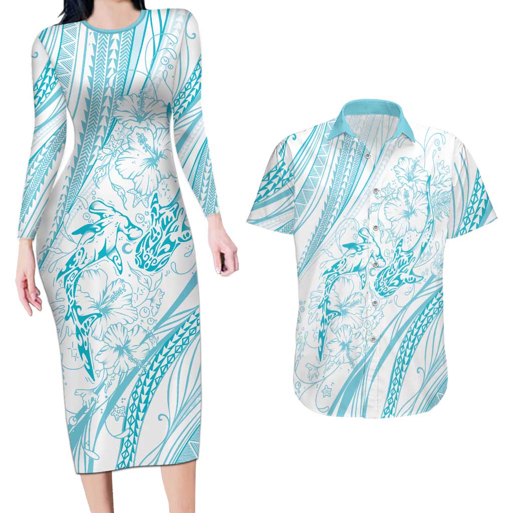 Sharks Couple Dreamy Polynesians Floral Sea Couples Matching Long Sleeve Bodycon Dress and Hawaiian Shirt Turquoise - Polynesian Pride