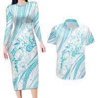 Sharks Couple Dreamy Polynesians Floral Sea Couples Matching Long Sleeve Bodycon Dress and Hawaiian Shirt Turquoise - Polynesian Pride