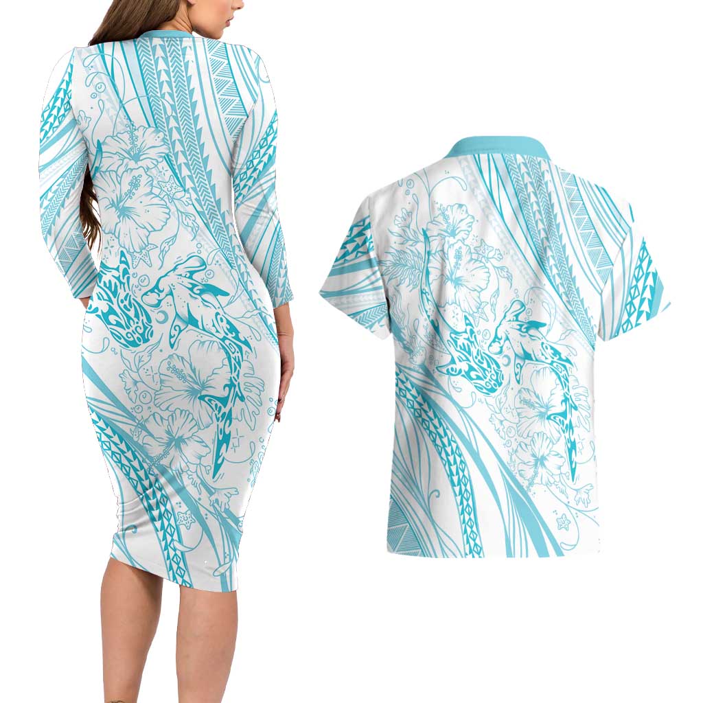 Sharks Couple Dreamy Polynesians Floral Sea Couples Matching Long Sleeve Bodycon Dress and Hawaiian Shirt Turquoise - Polynesian Pride