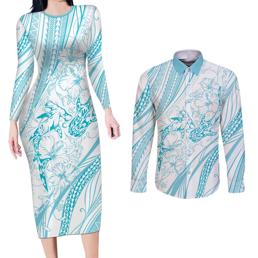 Sharks Couple Dreamy Polynesians Floral Sea Couples Matching Long Sleeve Bodycon Dress and Long Sleeve Button Shirt Turquoise - Polynesian Pride