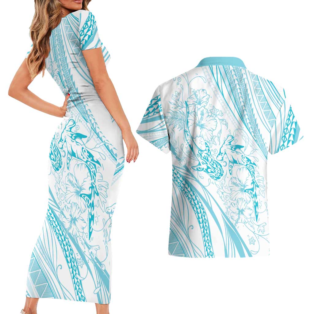 Sharks Couple Dreamy Polynesians Floral Sea Couples Matching Short Sleeve Bodycon Dress and Hawaiian Shirt Turquoise - Polynesian Pride