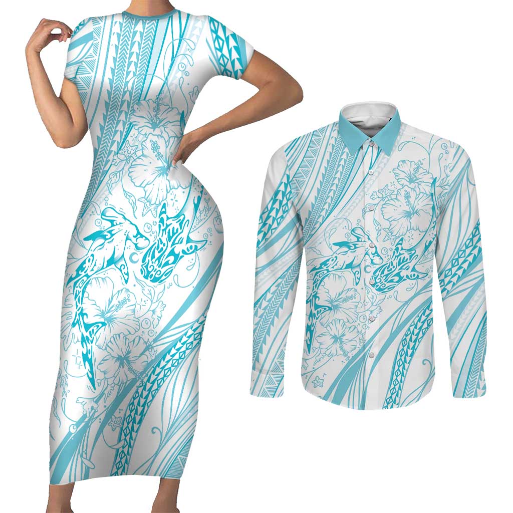 Sharks Couple Dreamy Polynesians Floral Sea Couples Matching Short Sleeve Bodycon Dress and Long Sleeve Button Shirt Turquoise - Polynesian Pride