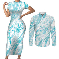 Sharks Couple Dreamy Polynesians Floral Sea Couples Matching Short Sleeve Bodycon Dress and Long Sleeve Button Shirt Turquoise - Polynesian Pride