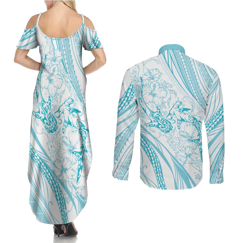 Sharks Couple Dreamy Polynesians Floral Sea Couples Matching Summer Maxi Dress and Long Sleeve Button Shirt Turquoise - Polynesian Pride