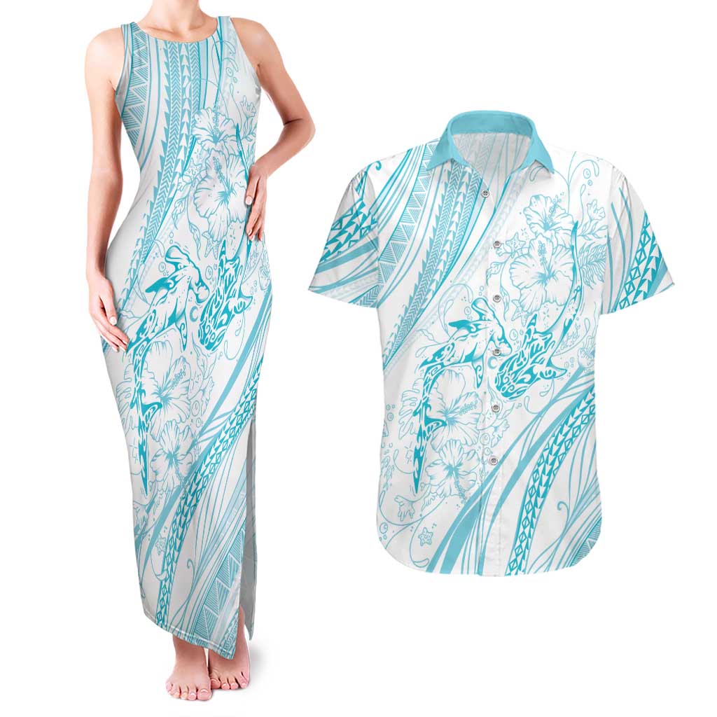 Sharks Couple Dreamy Polynesians Floral Sea Couples Matching Tank Maxi Dress and Hawaiian Shirt Turquoise - Polynesian Pride