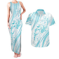 Sharks Couple Dreamy Polynesians Floral Sea Couples Matching Tank Maxi Dress and Hawaiian Shirt Turquoise - Polynesian Pride