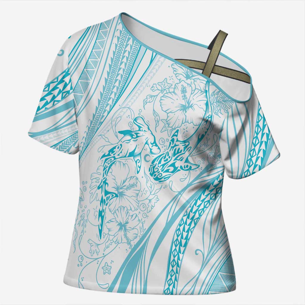 Sharks Couple Dreamy Polynesians Floral Sea Cross Shoulder Shirt Turquoise - Polynesian Pride