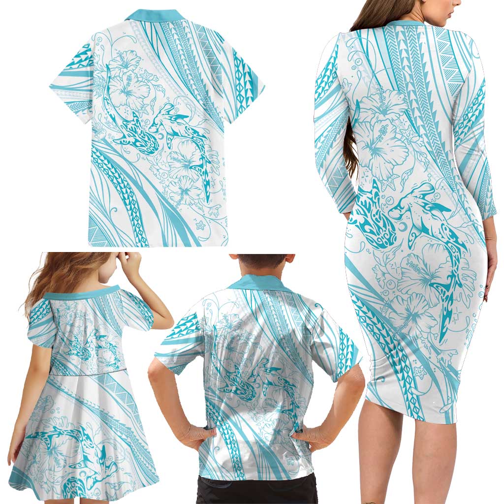 Sharks Couple Dreamy Polynesians Floral Sea Family Matching Long Sleeve Bodycon Dress and Hawaiian Shirt Turquoise - Polynesian Pride