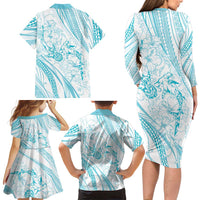 Sharks Couple Dreamy Polynesians Floral Sea Family Matching Long Sleeve Bodycon Dress and Hawaiian Shirt Turquoise - Polynesian Pride