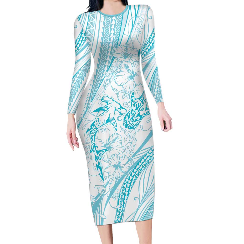 Sharks Couple Dreamy Polynesians Floral Sea Family Matching Long Sleeve Bodycon Dress and Hawaiian Shirt Turquoise - Polynesian Pride