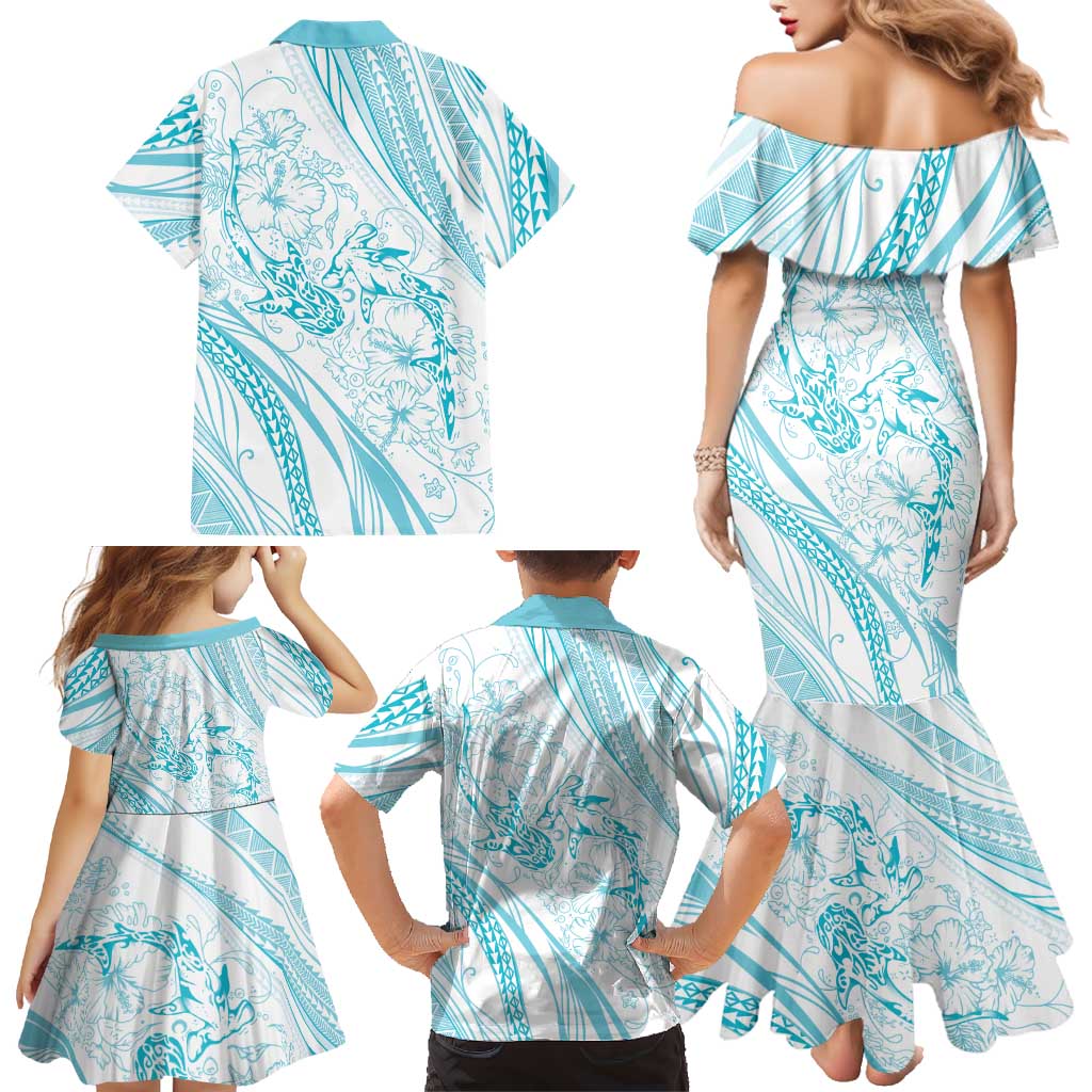Sharks Couple Dreamy Polynesians Floral Sea Family Matching Mermaid Dress and Hawaiian Shirt Turquoise - Polynesian Pride