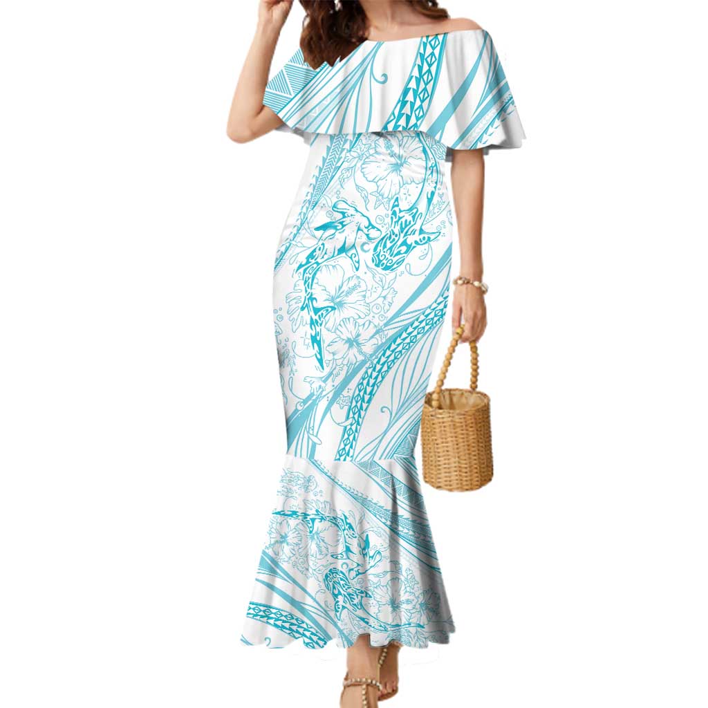 Sharks Couple Dreamy Polynesians Floral Sea Family Matching Mermaid Dress and Hawaiian Shirt Turquoise - Polynesian Pride