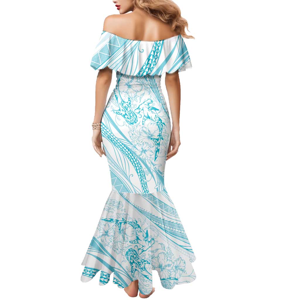 Sharks Couple Dreamy Polynesians Floral Sea Family Matching Mermaid Dress and Hawaiian Shirt Turquoise - Polynesian Pride