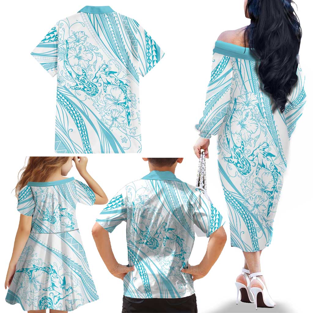 Sharks Couple Dreamy Polynesians Floral Sea Family Matching Off The Shoulder Long Sleeve Dress and Hawaiian Shirt Turquoise - Polynesian Pride