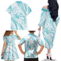 Sharks Couple Dreamy Polynesians Floral Sea Family Matching Off The Shoulder Long Sleeve Dress and Hawaiian Shirt Turquoise - Polynesian Pride
